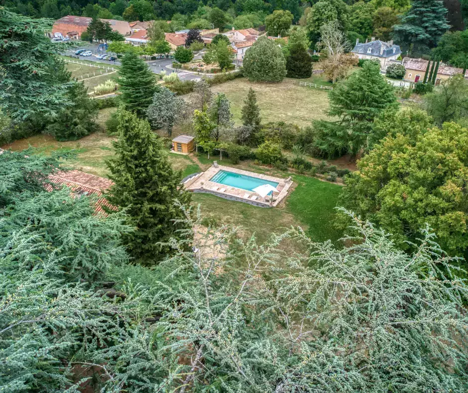 Une piscine arborant une teinte olive, en harmonie avec une terrasse en travertin.