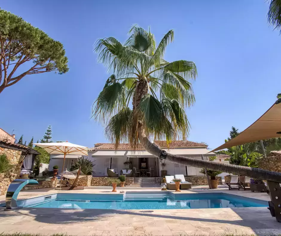 Conversion d'une piscine coque en un bassin de maçonnerie traditionnelle, ornée d'un palmier majestueux, d'une fontaine et d'une terrasse pavée en travertin.
